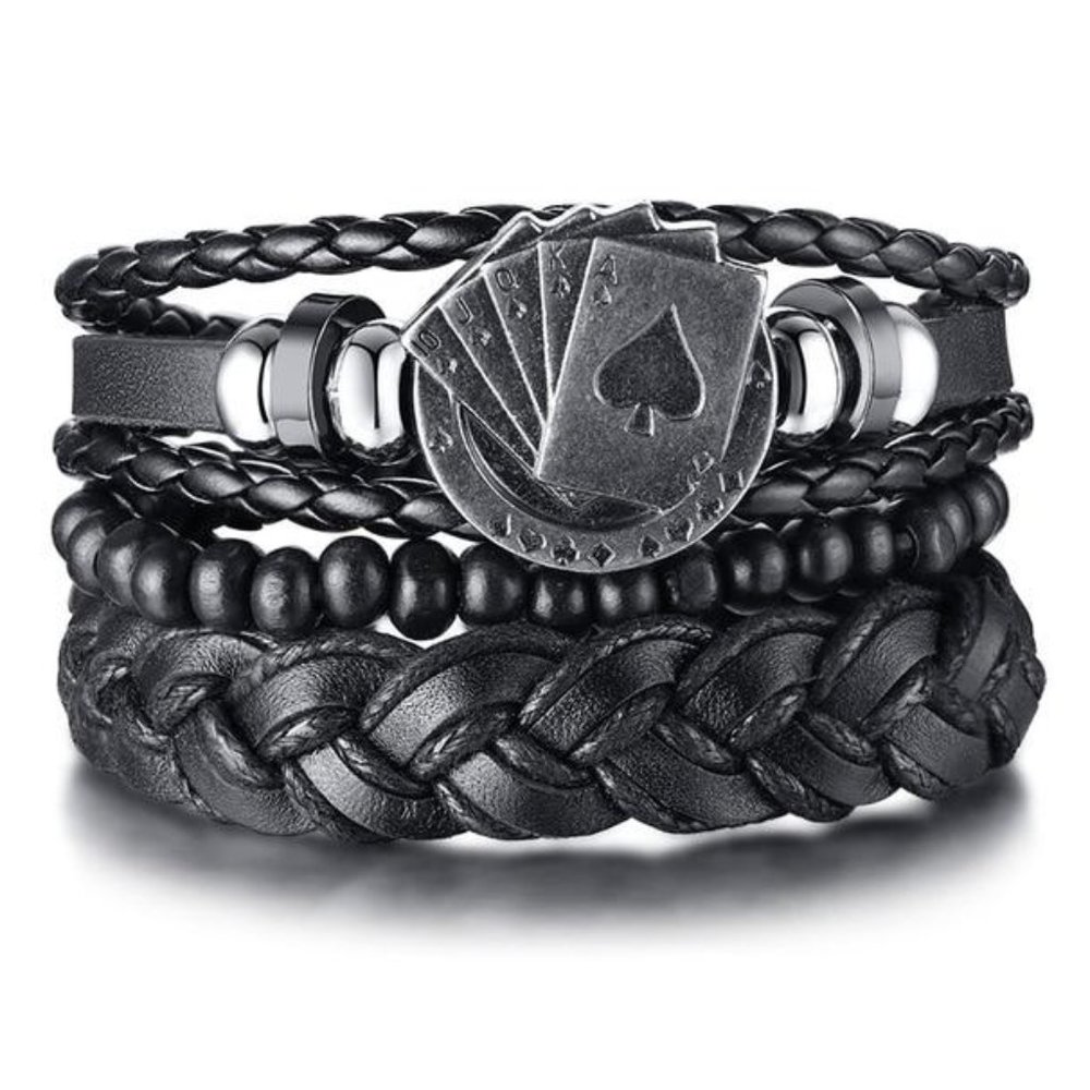 Mens Royal Flush Wrist Bands Woven Braided Straps Multi-Layer Beaded Bracelets